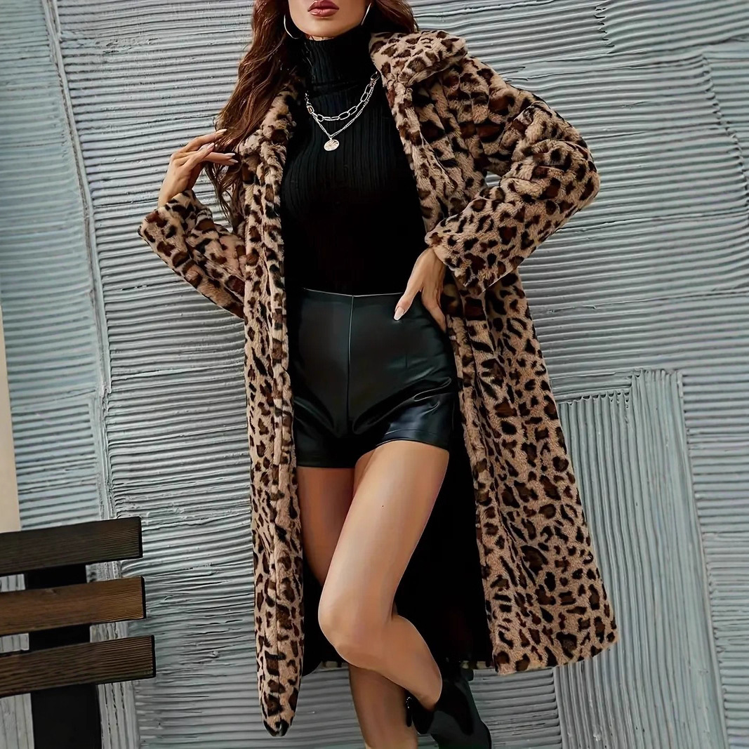 Elegant Leopard Fur Long Coat Winter Loose Fur Overcoat Thick Warm Plush Jacket